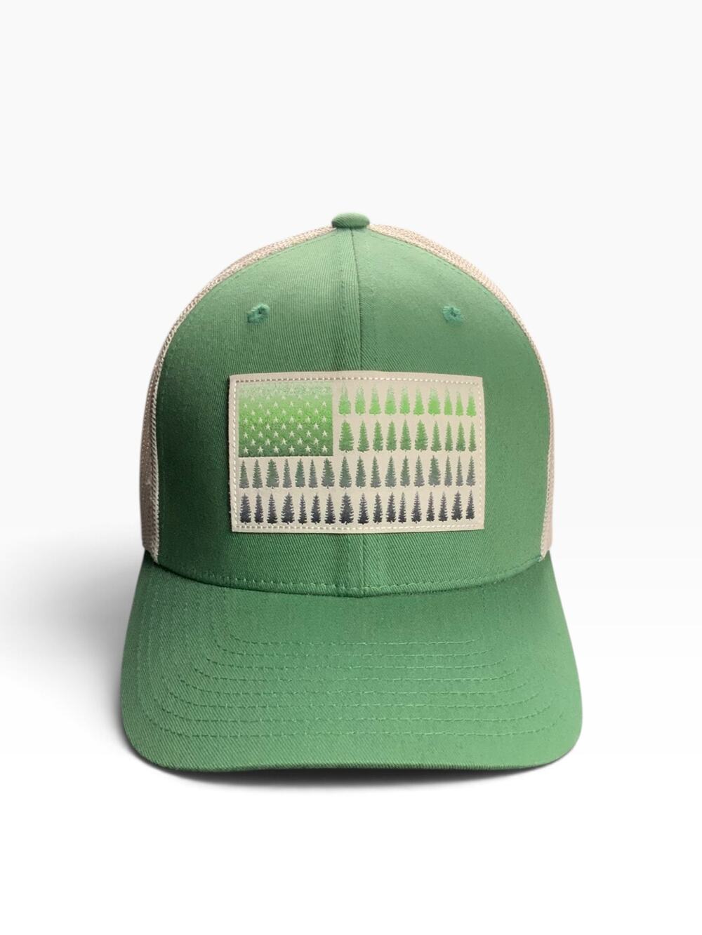 Columbia Trucker Hat Green Tan Tree Flag Patch Snapback Mesh Outdoor Cap O/S